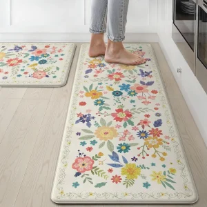 2-Piece PVC Kitchen Mats, Washable Anti-Fatigue Cushioned Waterproof Non-Slip Pet-Friendly Antimicrobial Comfort Standing Rugs
