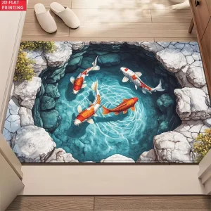 2D Flat Koi Fish in a Stone Pond HD Printed Carpet, Kitchen Rugs, Yoga Mat, Non-Slip Bathroom Mats, Absorbent Washable