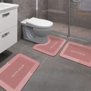 3-Piece Bathroom Mat Set with Soft Diatomite U-Shape Toilet Mat, Non-Slip Rubber Backing, and Washable Faux Leather Surface