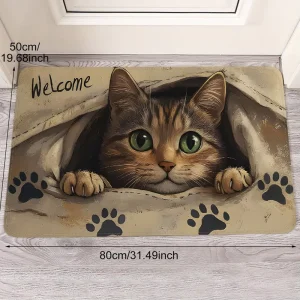 3D Broken Wall Cat Doormat with Tabby Kitten and Paw Print Pattern, Non-Slip Animal Rug