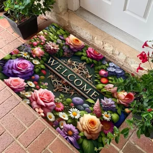 3D Flower Victorian Style Rose Bouquet Printed Welcome Doormat Anti-Slip Rubber Back Entry Rug