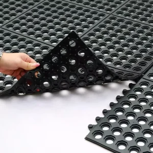 3×3 Black and Red Interlocking Modular Rubber Floor Mat, Oil and Water Areas, Workshop and Kitchen Use