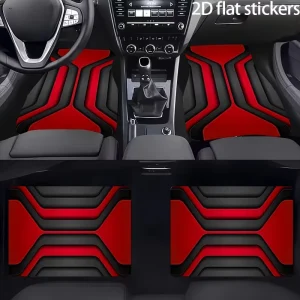 4PCS 2D Flat Car Floor Mats, Geometric Abstract Pattern, Red and Black, Auto Interior