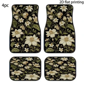 4PCS Universal Fit Car Floor Liners Stain Resistant Non-Slip Floor Mats Retro Cream Floral Print Easy to Wash