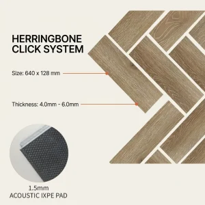 625×125 mm Herringbone SPC Click Flooring with Oak Wood Texture, Non-Slip Waterproof Vinyl Tile, Acoustic IXPE Pad, and EIR