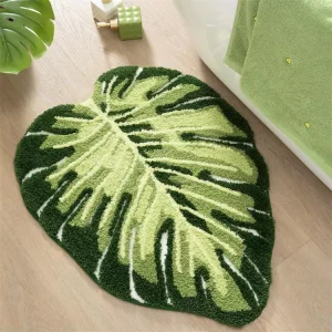 Absorbent Tufted Leaf-Shaped Green PET-Friendly Bath Mat, Non-Slip, Machine-Washable, Thick, for Home or Hotel