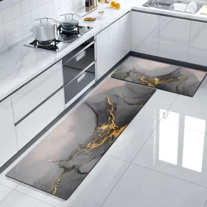 Anti-Slip Washable Rubber Kitchen and Bathroom Floor Mat Two-Piece Set, Marble Design, Diatom Mud Color, 3.2mm Thick