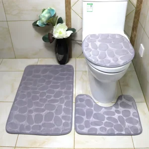 Bathroom Anti-Slip Water-Absorbing Polyester Mat Set, 3 Pieces, 1.2mm Thick, Solid Color, Debossed