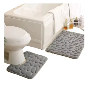 Bathroom Mat 2-Piece Polyester Set with Anti-Slip Backing Quick-Dry Absorbent Cut-Pile Stone Design