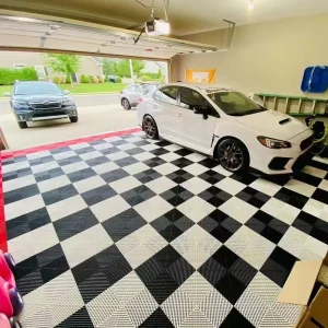 Black White Checkered Interlocking Plastic Floor Mat Click-to-Install Indoor Garage Tiles for Car Wash