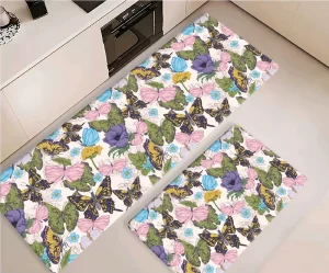 Butterfly Garden Kitchen Mat Colorful Swallowtail & Floral Pattern Nature-Inspired Non-Slip Anti-Fatigue Floor Rug