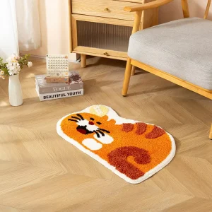 Cat Pattern Bathroom Carpet Water-Absorbent Non-Slip Flocked Floor Mat Entrance Mat Polyester TPR Backing