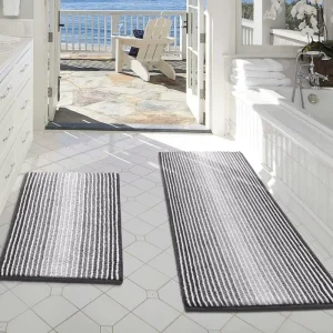Cationic Chenille Striped Bath Mat with Non-Slip Backing