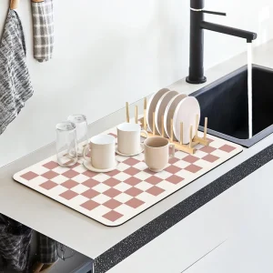 Checkered Beige Brown Super Absorbent Dish Drying Pad Diatomite Coffee Mat Heat with Anti-slip Rubber Backed