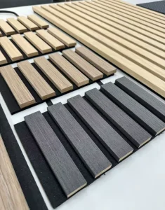 China Sound Absorbing Acoustic Panels Walnut Wooden Slat Wall Panels 600*2400mm Acoustic Baffle Panels Oak Wood Surface Walnut