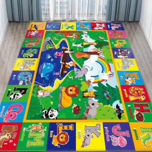 Colorful Alphabet and Number Kids Play Rug Cartoon Printed Large Flannel Washable Crawling Mat for Bedroom or School