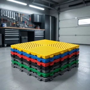 Colorful Modular PP Flooring Tiles with Anti Slip Grip and Drain Holes for Hobby Garage and Showroom Floors
