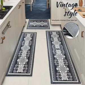 Cross-Border Kitchen Retro Non-Slip Polyester Square Floor Mat Household Machine-Washable Door Mat Three-Piece Set Multi-Scene