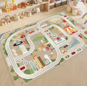 Crystal Velvet Cartoon Children’s Parking Lot Traffic Game Mat Thin Non slip Backing Home Bedroom Bedside Rug Car Track Mat