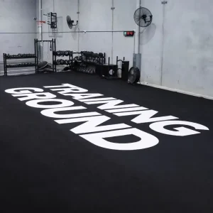 Custom Gym Sled Turf Flooring Black Color and White Logo Slogan