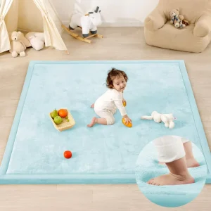 Custom Ice Blue 50*50″ Newborn Baby Playpen Mat Anti Skid Dots Coral Velvet Modern Pet Friendly Cushioned Thick Foam Exercise