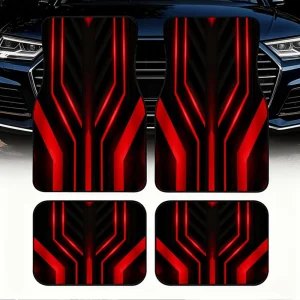 Cyber Red Geometric 4-Piece Car Floor Mat Set, Heavy-Duty Anti-Slip