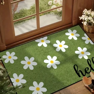 Daisy Flower Welcome Mat Green Grass Printed Non-Slip Entrance Doormat Hello Letter Floor Mat Home Decor