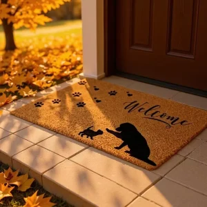 Digital Printed Welcome Text Dog Silhouette Entrance Hallway Non Slip Mud Scraping Floor Mat
