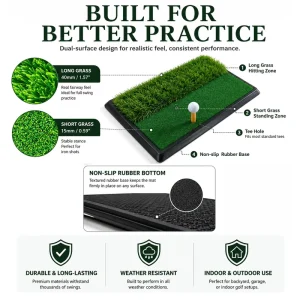 Dual Grass Surface Golf Hitting Mat Portable Shock Absorbing Rubber Base Golf Practice Mat for Driver Wedge Iron Training
