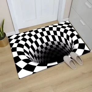 Factory Direct 3D Visual Cushioned Polyester Custom Door Mat for Living Room and Kitchen, White Black