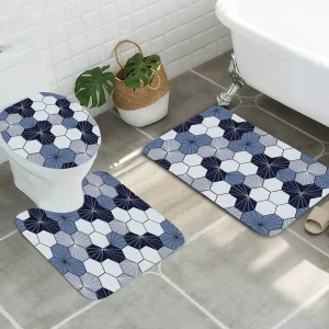 Factory Supply Microfiber Non-Slip Bath Rug Geometric Soft Velvet Padded Bathroom Mats for 3 Pieces Toilet Mat