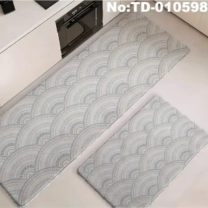 Geometric Kitchen Mat Set, Scalloped Fan Pattern, Gray Beige and Blue-Gray, Non-Slip Anti-Fatigue Runner Floor Rug