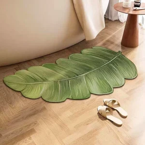 Green Leaf Shaped Diatom Mud Bath Rug, Quick Dry Water Absorbent Shower Woven Bath Mat, With Non Slip Rubber Backing