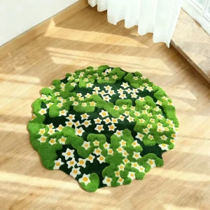 Hand-Tufted 3D Daisy Rug, Green Plush Flower-Shaped Floor Mat for Living Room Decor