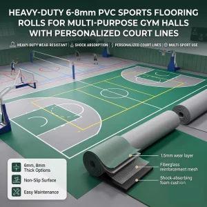 Heavy duty 6 8mm PVC Sports Flooring Rolls Parquet Court Equipment Multi Purpose Indoor Sports Gym Lines