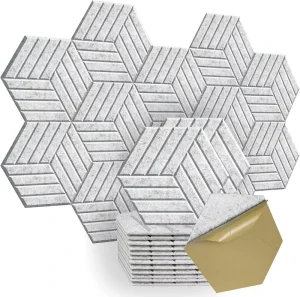 High Density Grooved Hexagon Acoustic Tiles Eco Polyester Sound Insulation Panels Silver Grey Studio DIY Wall Decoration