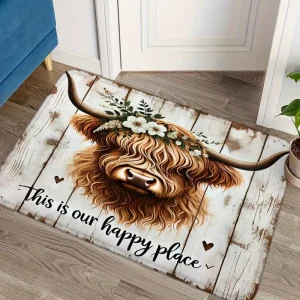 Highland Cow Door Mat Farmhouse Welcome Mat Floral Wreath Rustic Wood Non-Slip Entrance Rug Home Decor