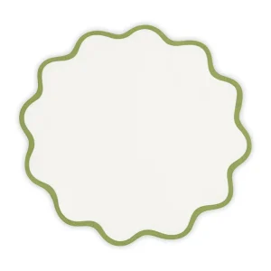 Ivory Green Trim Round Wavy Edge Cotton Linen Scalloped Border Placemats