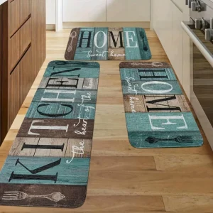 Kitchen Floor Mat with Non-Slip Teal Farmhouse Wood Grain Pattern
