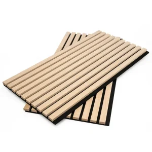 Light Oak 3 Sides Veneer Akupanel Wood Acoustic Wall Panels Sound Absorbing Wood Slat Acoustic Panel on Black PET Felt Backing
