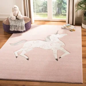 Majestic Unicorn Area Rug for Kids, Pink Polyester, Round Mat for Outdoor Use