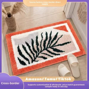 Minimalist Floral Tufted Flocking Rug Mat, Water-Absorbent, Non-Slip, Hand-Washable Polyester Doormat