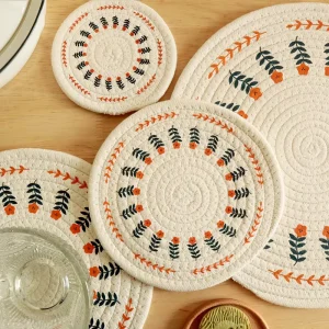 Modern Minimalist Floral Circle Cotton-Linen Woven Heat-Insulating Anti-Scald Degradable Placemat Table Mat Plate Bowl Tea Cup