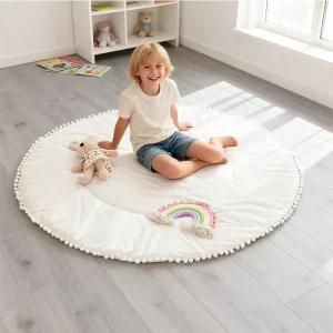 Modern Soft Quilted Baby Play Mat Gym Crawling Floor Rug Infant Activities Tummy Time Mat Cotton Pom Poms Camping
