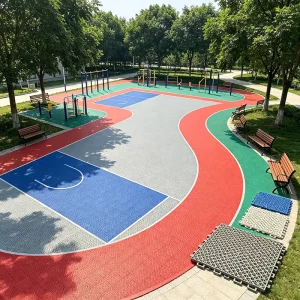 Multi-Zone Split Interlocking Plastic Floor Tiles for Amusement Parks, Play and Sports Areas