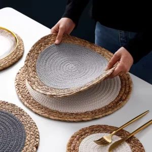 Natural Hand Woven Water Hyacinth & Cotton Rope Round Placemats Heat Resistant Farmhouse Table Mats