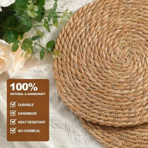 Natural Water Hyacinth Boho Rattan Eco-Friendly Anti-Slip Placemats 12 Inch 13 Inch Woven Braided Wicker Rustic Wedding
