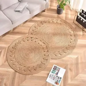 Natural Water Hyacinth Handmade Plush Rug Hollow Scalloped Floral Edge Boho Pet Friendly Reversible Home Living Room Floor Mat