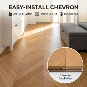Neutral Stained Russian Oak Engineered Chevron Wood Flooring Multilayer Planks Easy Installation for Apartment Foyers