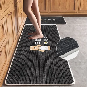 Non Slip Geometric Pattern Thin Linen Look Kitchen Floor Mat with Rubber Backing Oil Resistant Water Absorbent